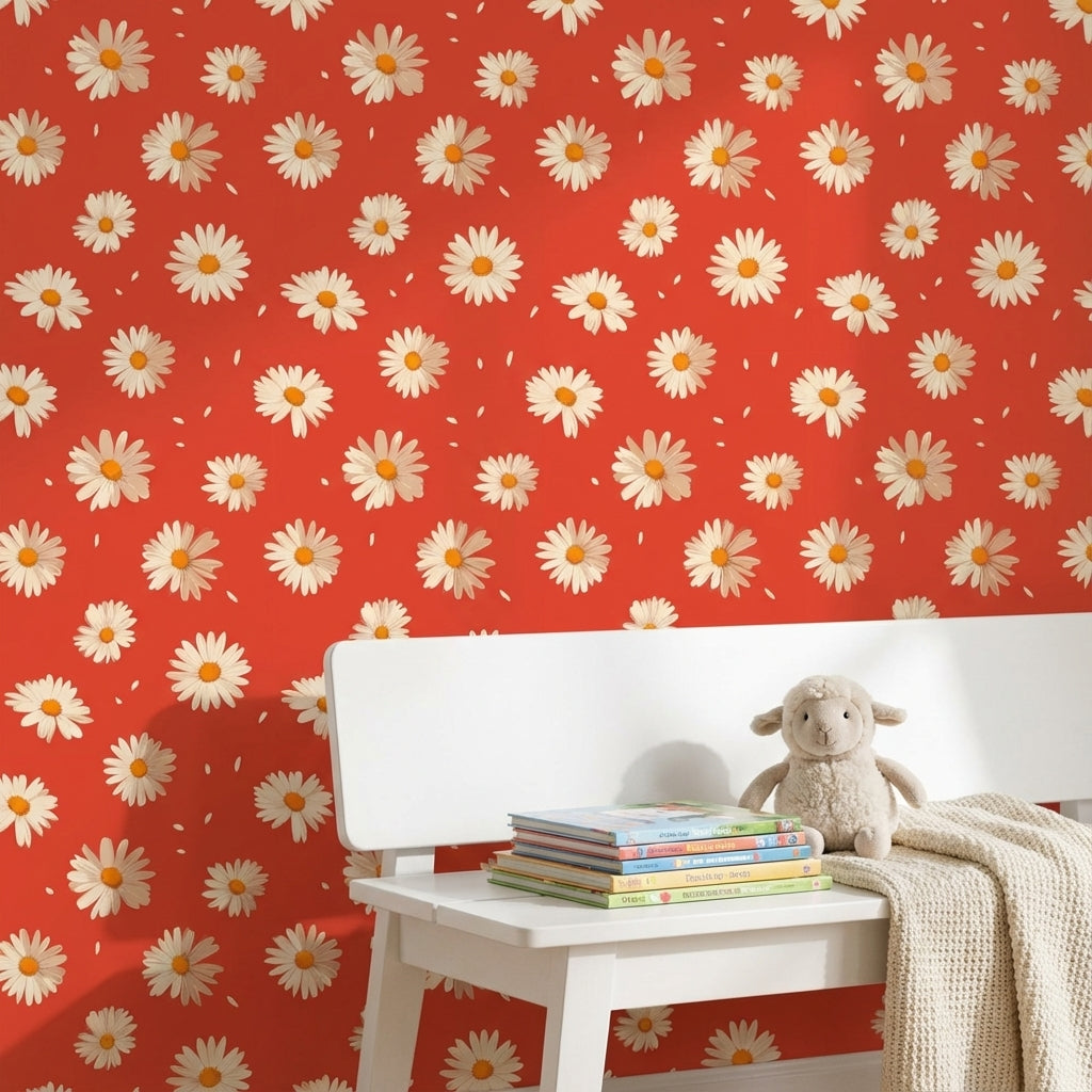 Bright Red Daisy Floral Pattern Wallpaper