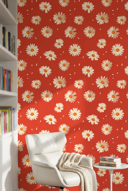 Bright Red Daisy Floral Pattern Wallpaper