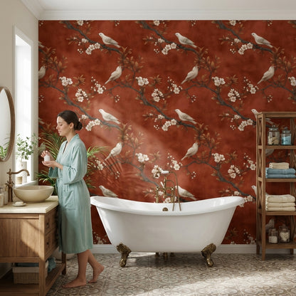Rust Brown Blossom and Bird Classic Wallpaper