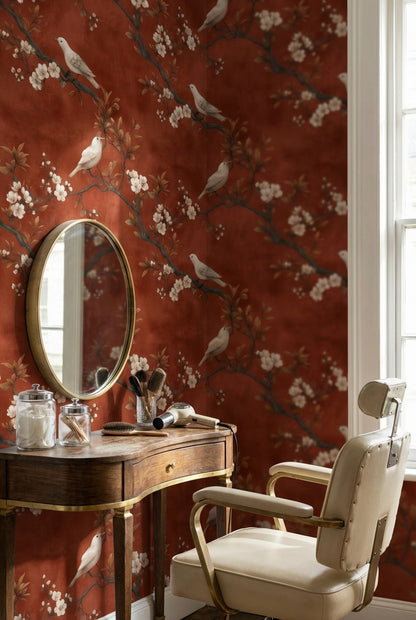 Rust Brown Blossom and Bird Classic Wallpaper
