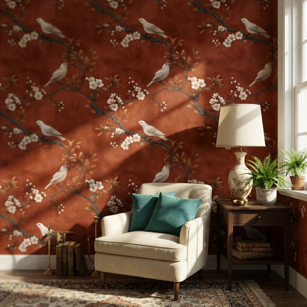 Rust Brown Blossom and Bird Classic Wallpaper