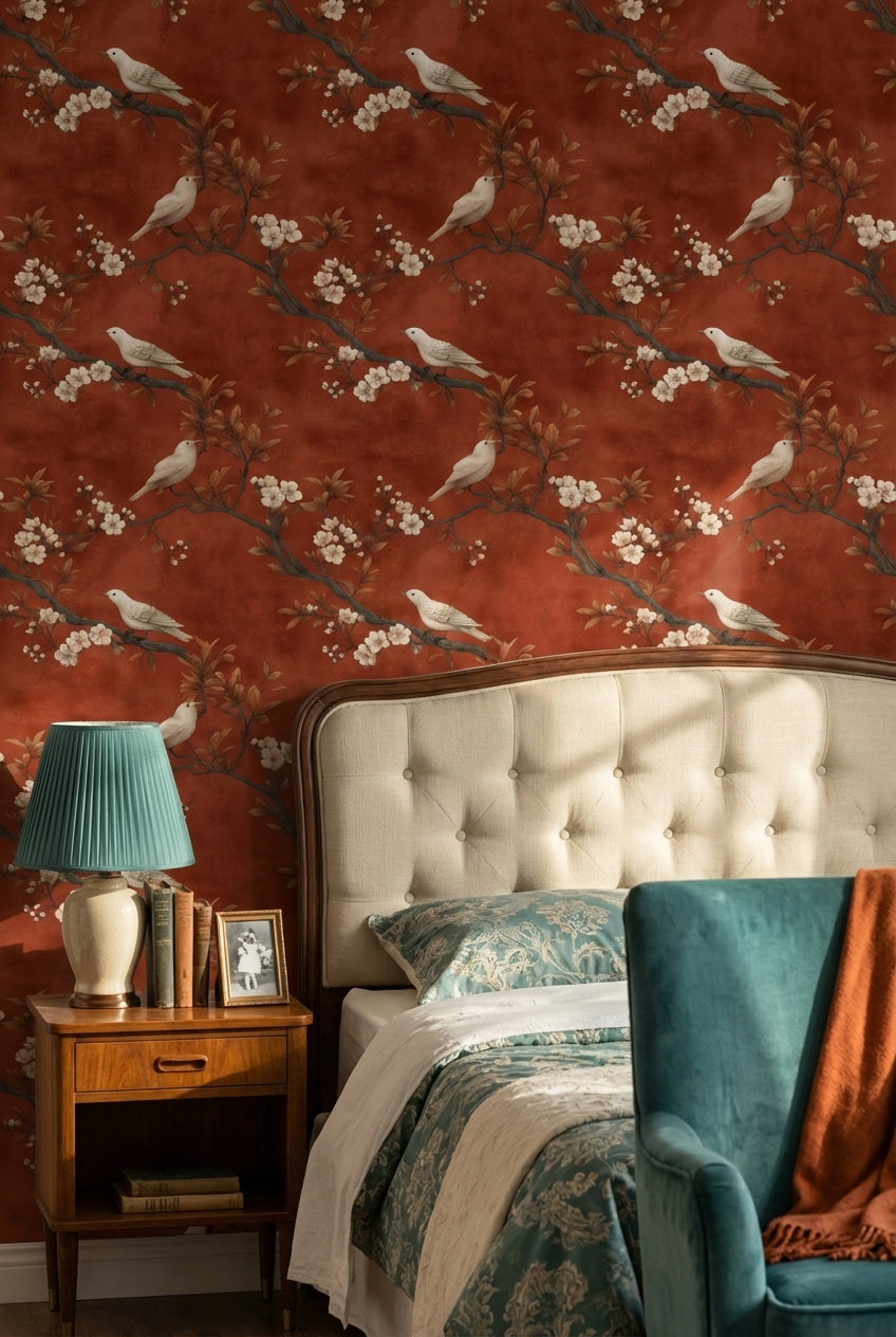 Rust Brown Blossom and Bird Classic Wallpaper