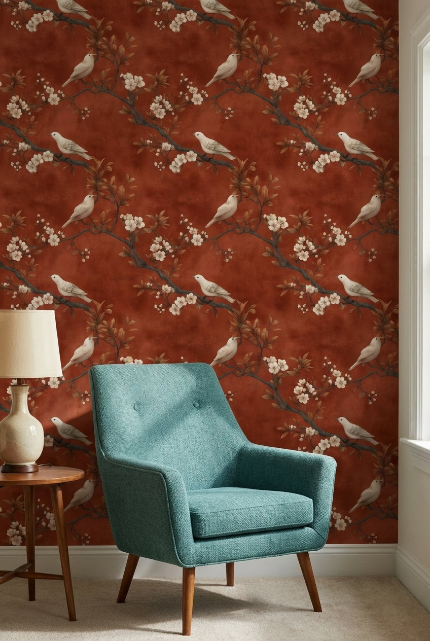 Rust Brown Blossom and Bird Classic Wallpaper