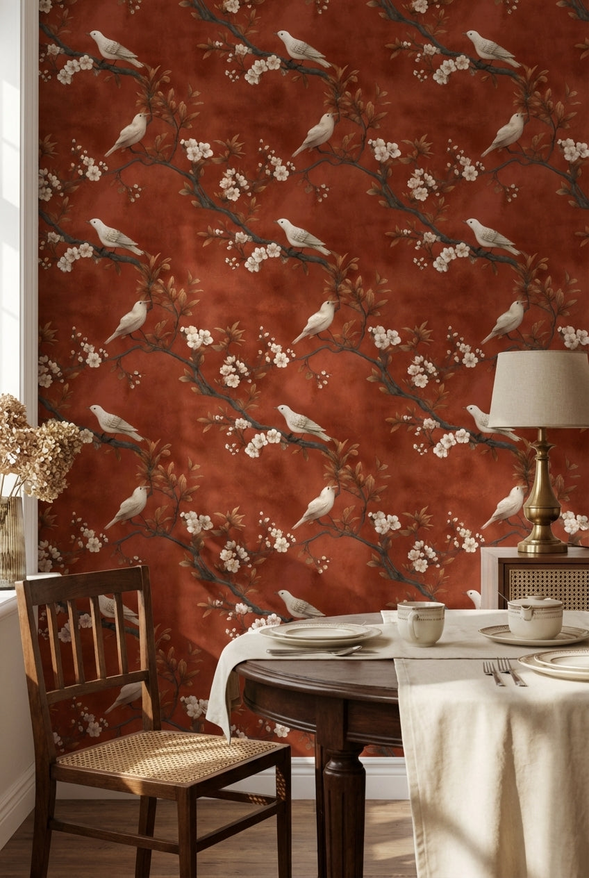 Rust Brown Blossom and Bird Classic Wallpaper