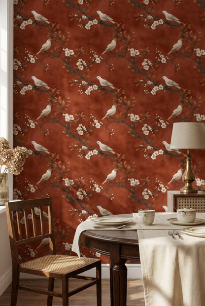 Rust Brown Blossom and Bird Classic Wallpaper