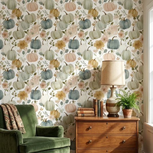 Cream Vintage Floral Pumpkin Wallpaper