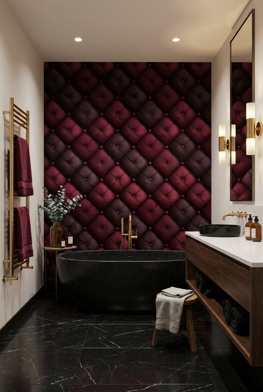 Burgundy and Black 3D Quilted Leather Wallpaper