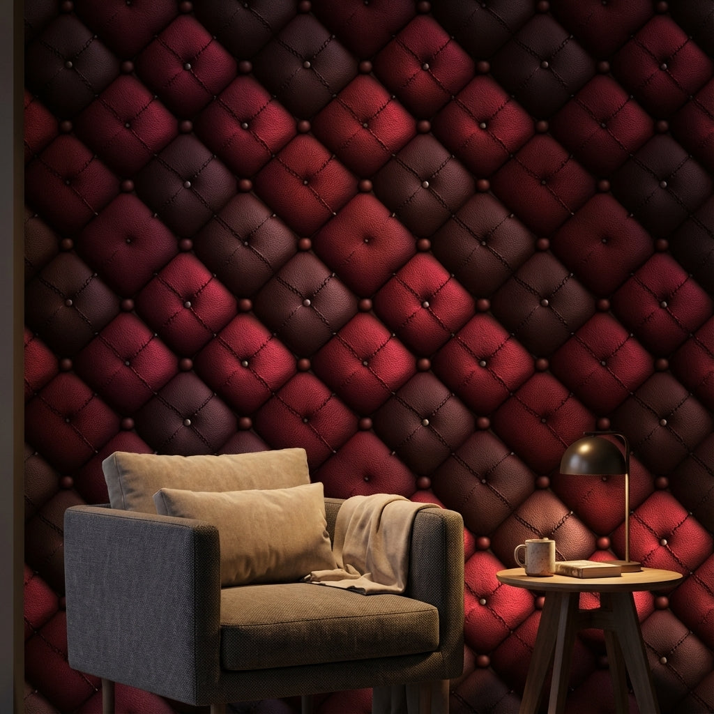 Burgundy and Black 3D Quilted Leather Wallpaper