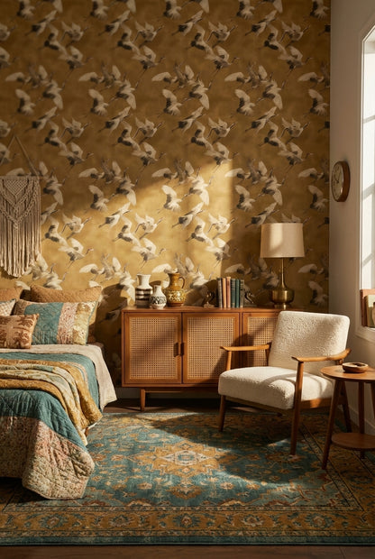 Golden Look Brown Crane Bird Pattern Wallpaper