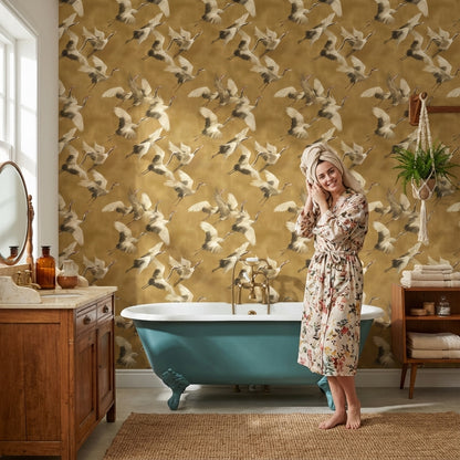 Golden Look Brown Crane Bird Pattern Wallpaper