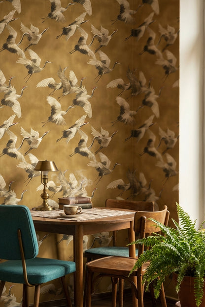 Golden Look Brown Crane Bird Pattern Wallpaper