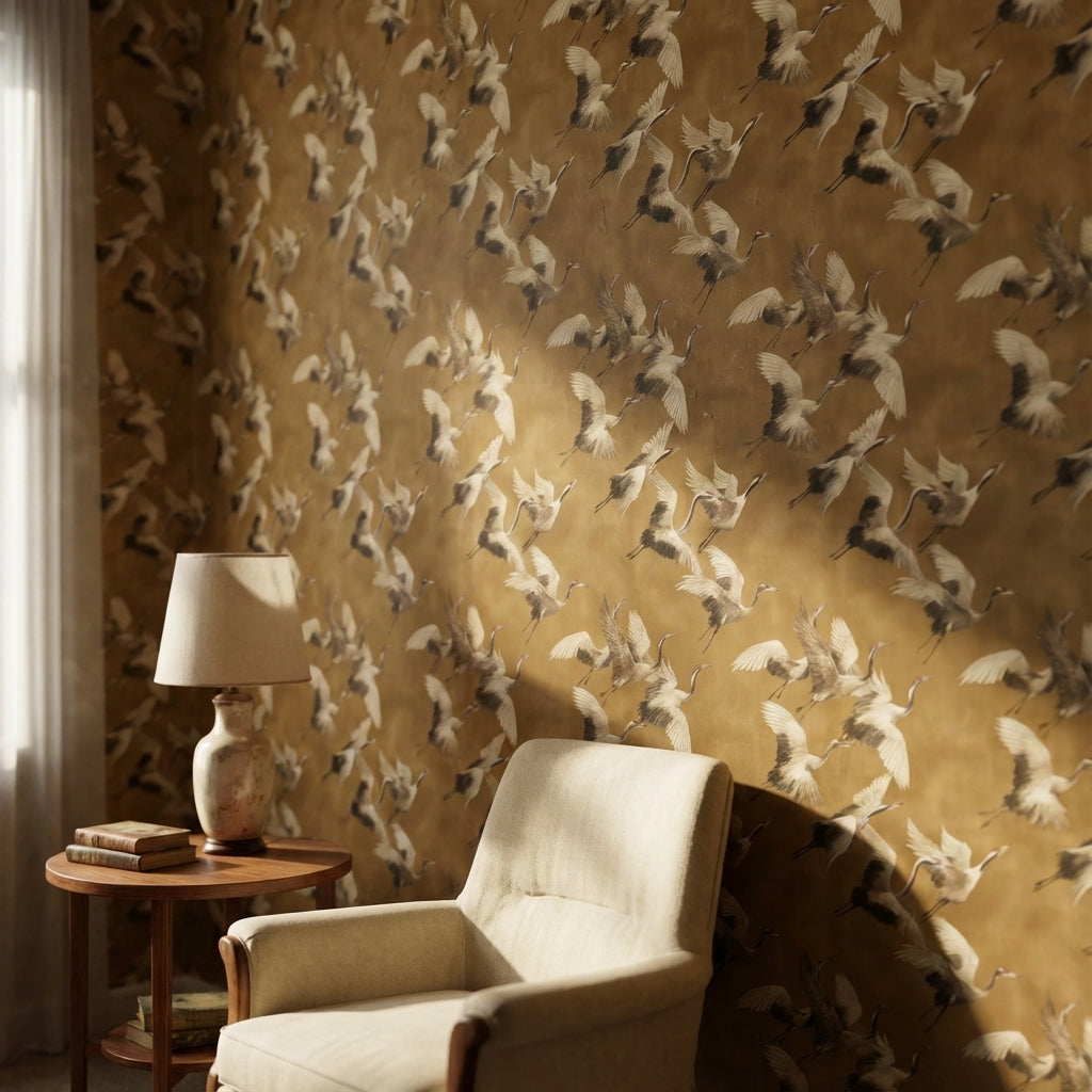 Golden Look Brown Crane Bird Pattern Wallpaper
