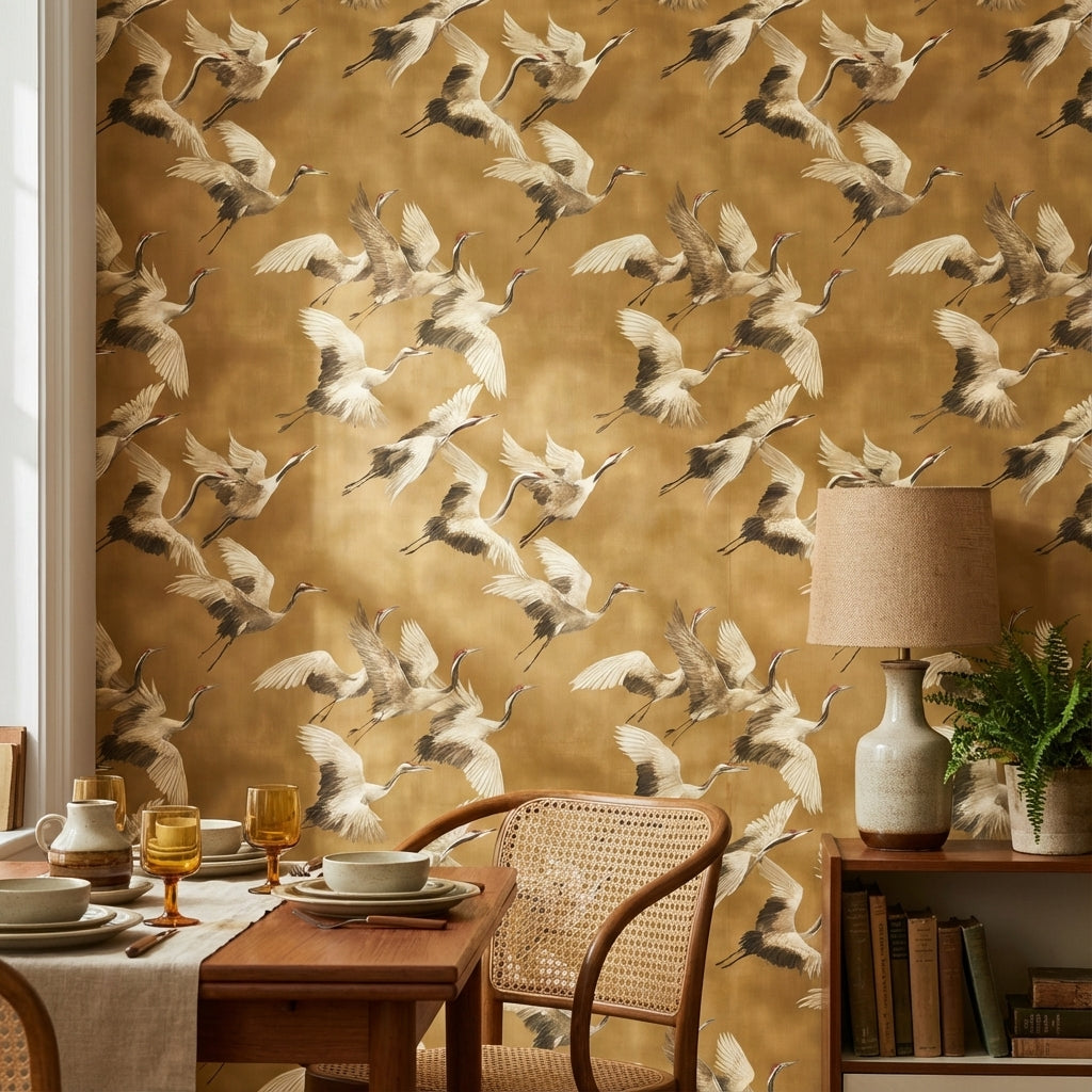 Golden Look Brown Crane Bird Pattern Wallpaper