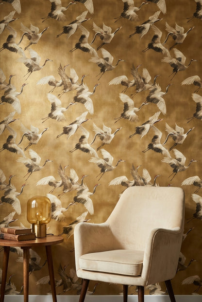 Golden Look Brown Crane Bird Pattern Wallpaper