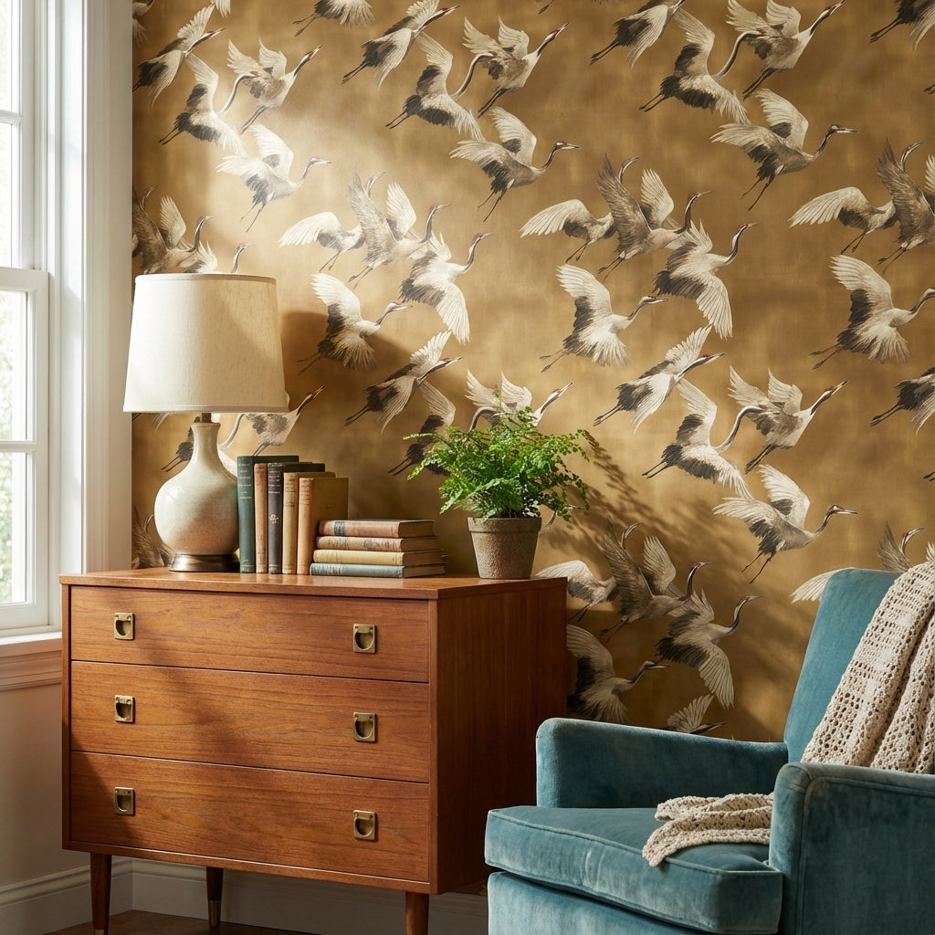 Golden Look Brown Crane Bird Pattern Wallpaper