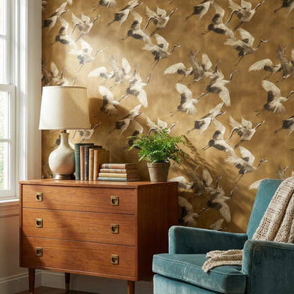 Golden Look Brown Crane Bird Pattern Wallpaper