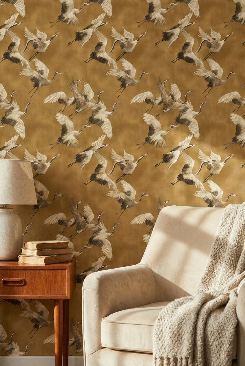 Golden Look Brown Crane Bird Pattern Wallpaper