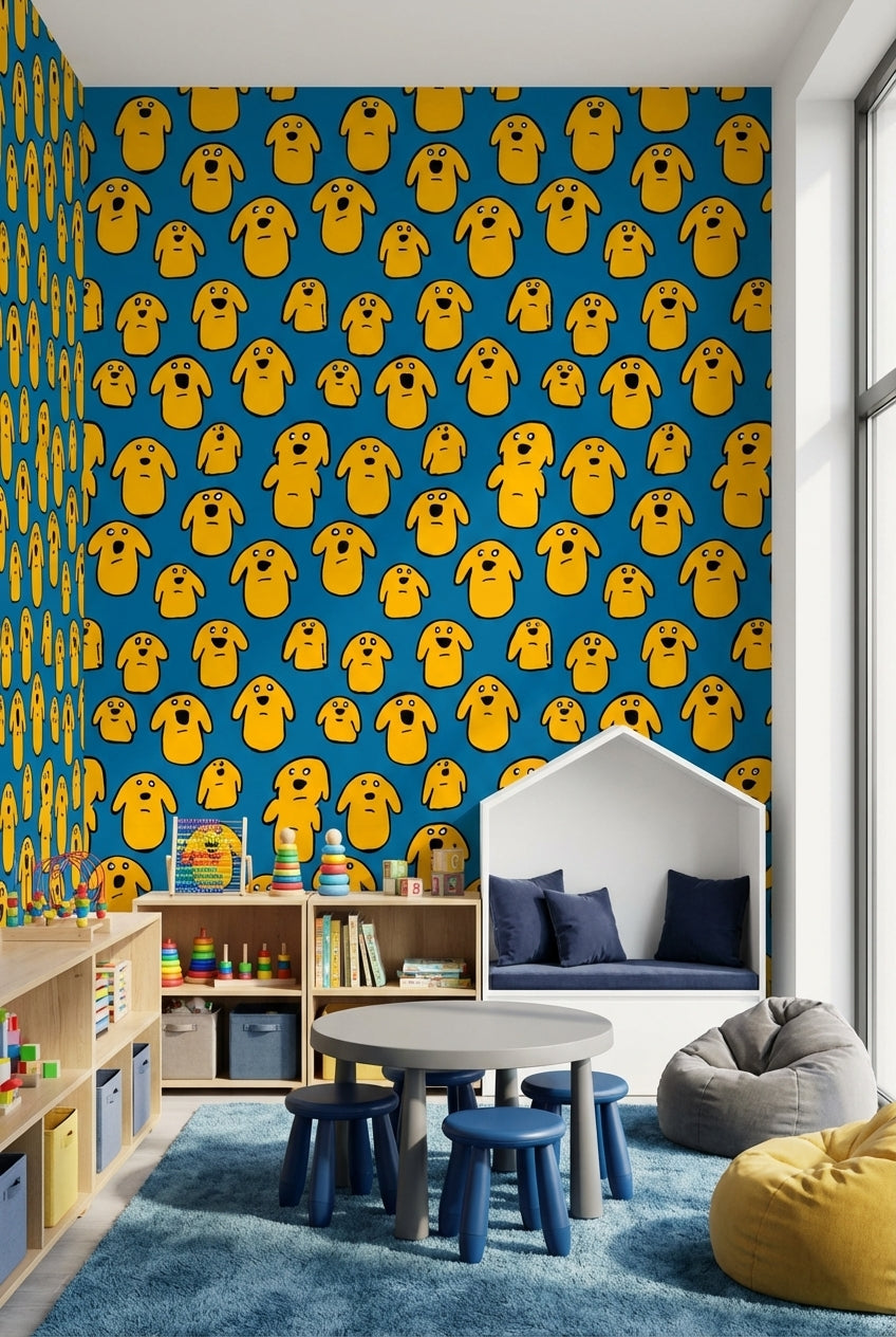 Vibrant Blue Cartoon Dog Pattern Wallpaper