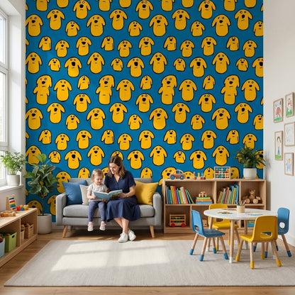 Vibrant Blue Cartoon Dog Pattern Wallpaper
