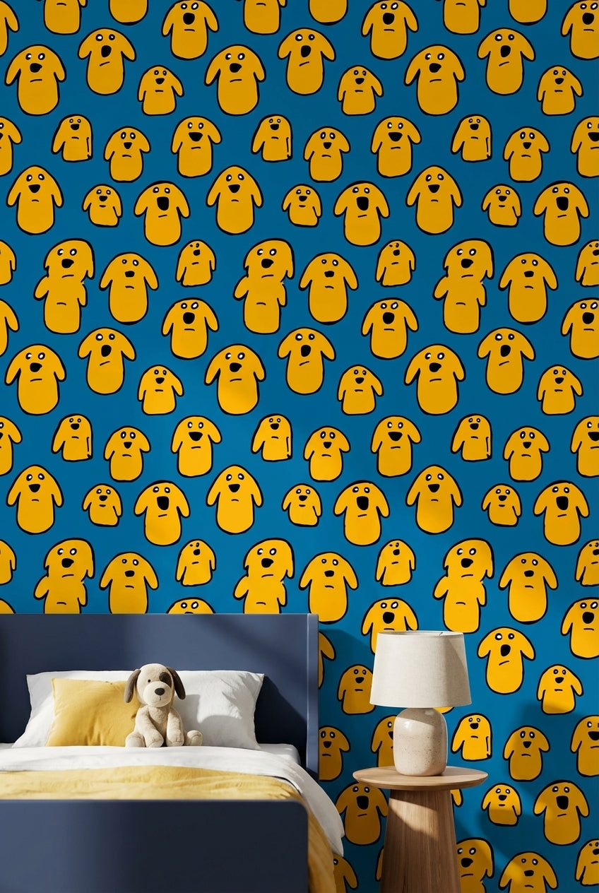 Vibrant Blue Cartoon Dog Pattern Wallpaper