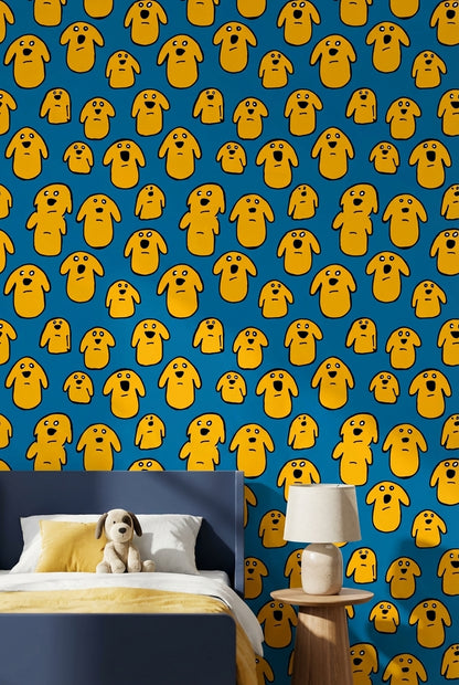 Vibrant Blue Cartoon Dog Pattern Wallpaper