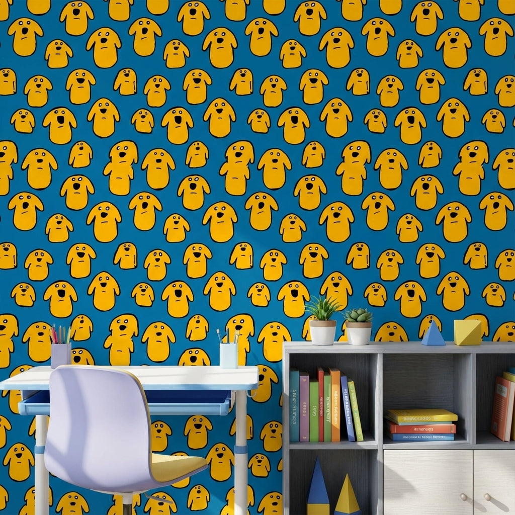 Vibrant Blue Cartoon Dog Pattern Wallpaper