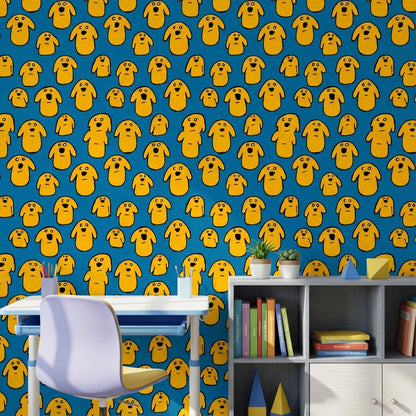 Vibrant Blue Cartoon Dog Pattern Wallpaper