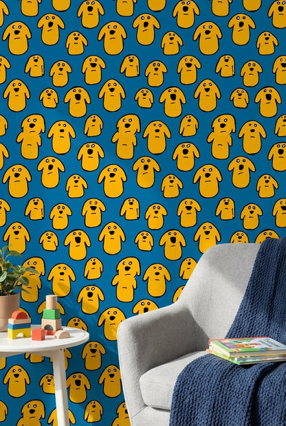 Vibrant Blue Cartoon Dog Pattern Wallpaper