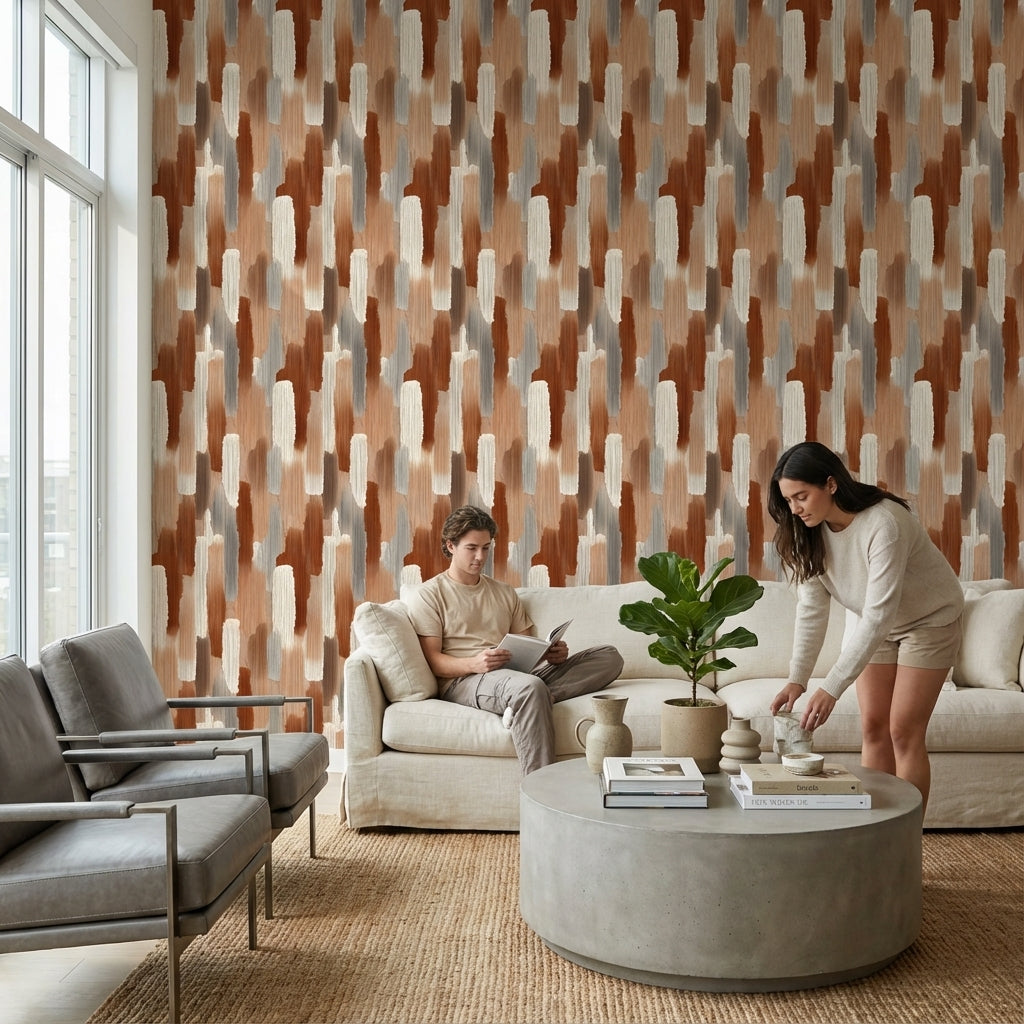 Beige and Terracotta Brushstroke Abstract Wallpaper