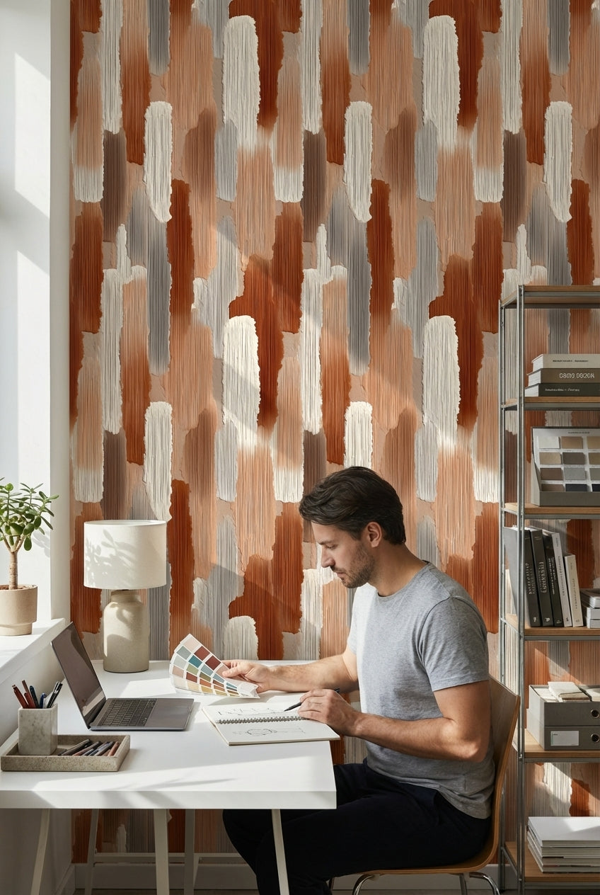 Beige and Terracotta Brushstroke Abstract Wallpaper