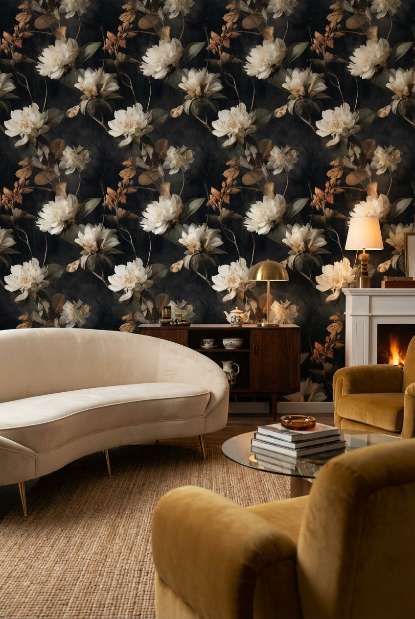 Dark Elegance Ivory Floral Wallpaper