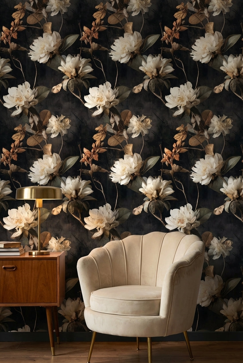 Dark Elegance Ivory Floral Wallpaper