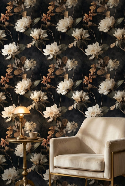 Dark Elegance Ivory Floral Wallpaper