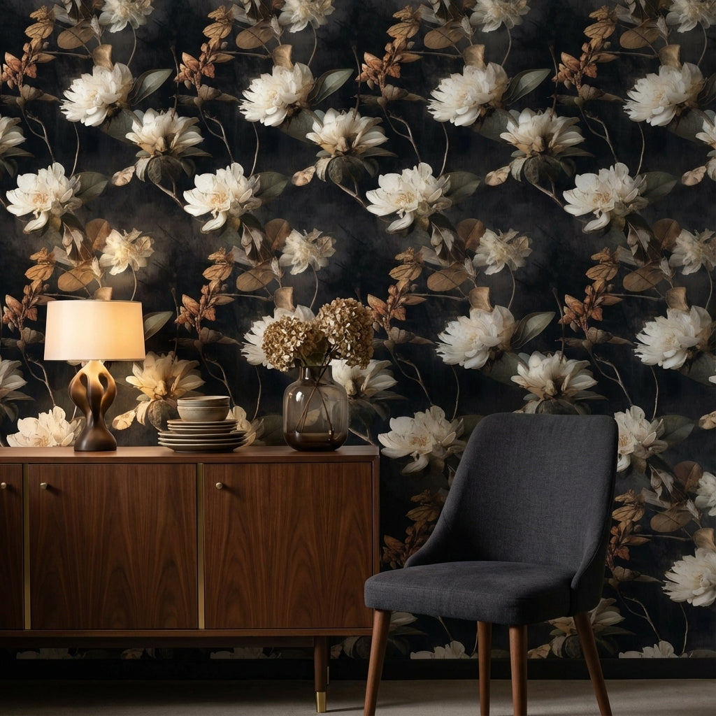 Dark Elegance Ivory Floral Wallpaper