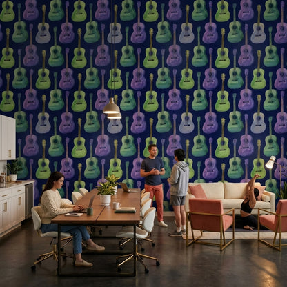 Navy Blue Colorful Guitar Music Wallpaper