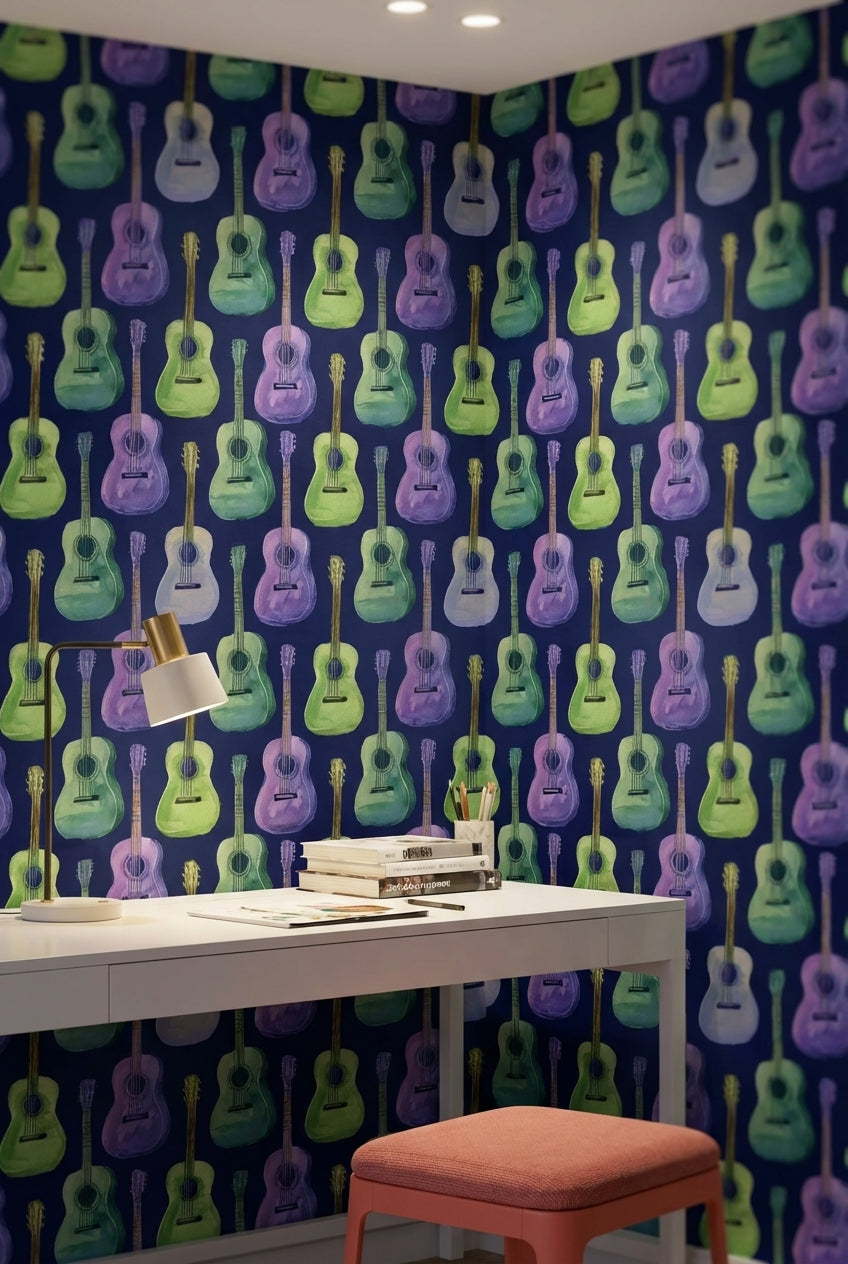 Navy Blue Colorful Guitar Music Wallpaper