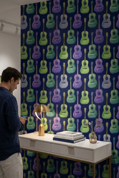 Navy Blue Colorful Guitar Music Wallpaper