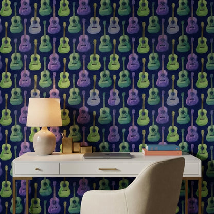 Navy Blue Colorful Guitar Music Wallpaper