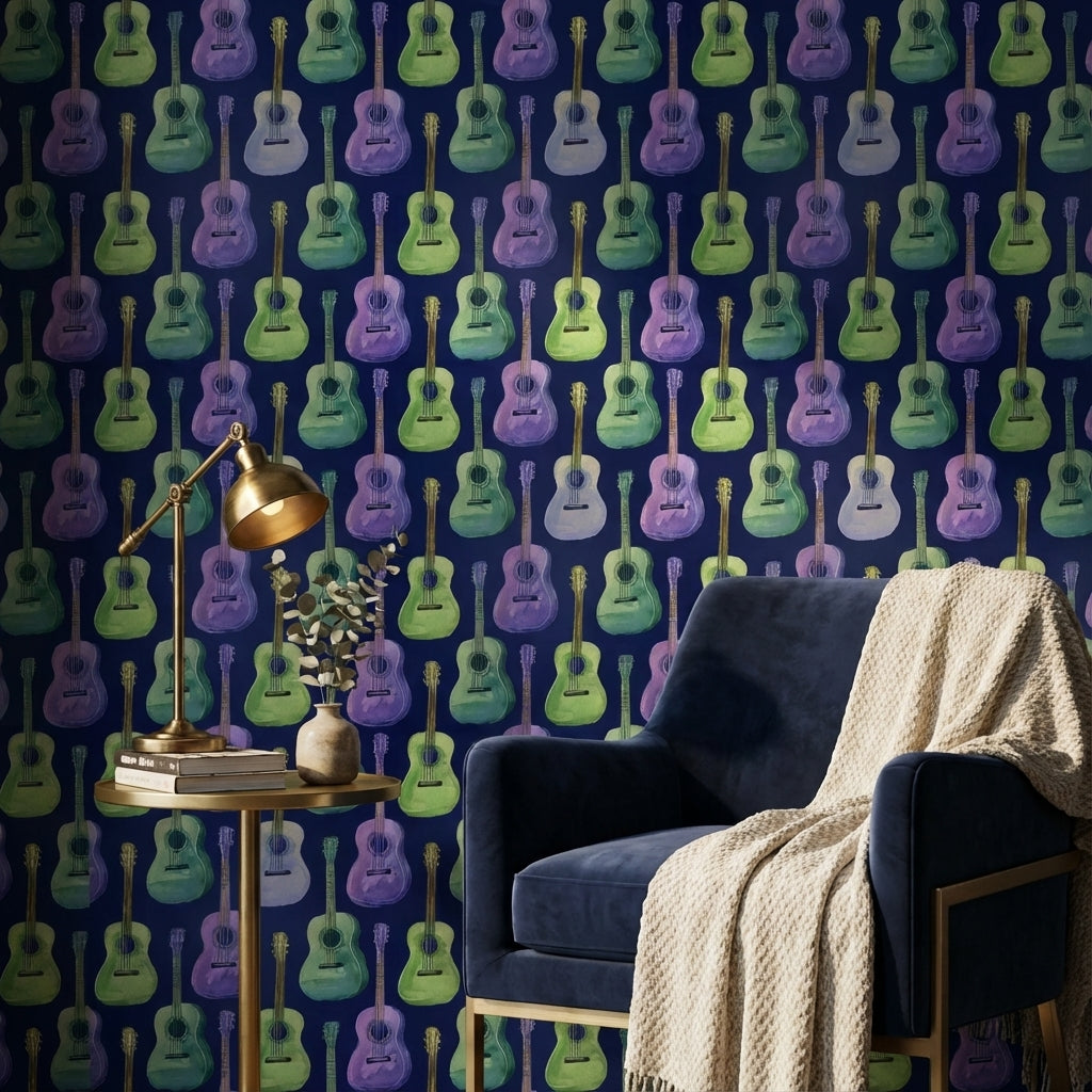 Navy Blue Colorful Guitar Music Wallpaper