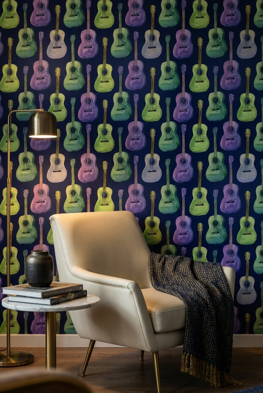 Navy Blue Colorful Guitar Music Wallpaper