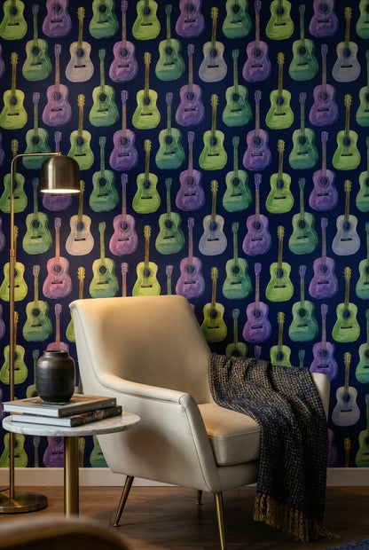 Navy Blue Colorful Guitar Music Wallpaper
