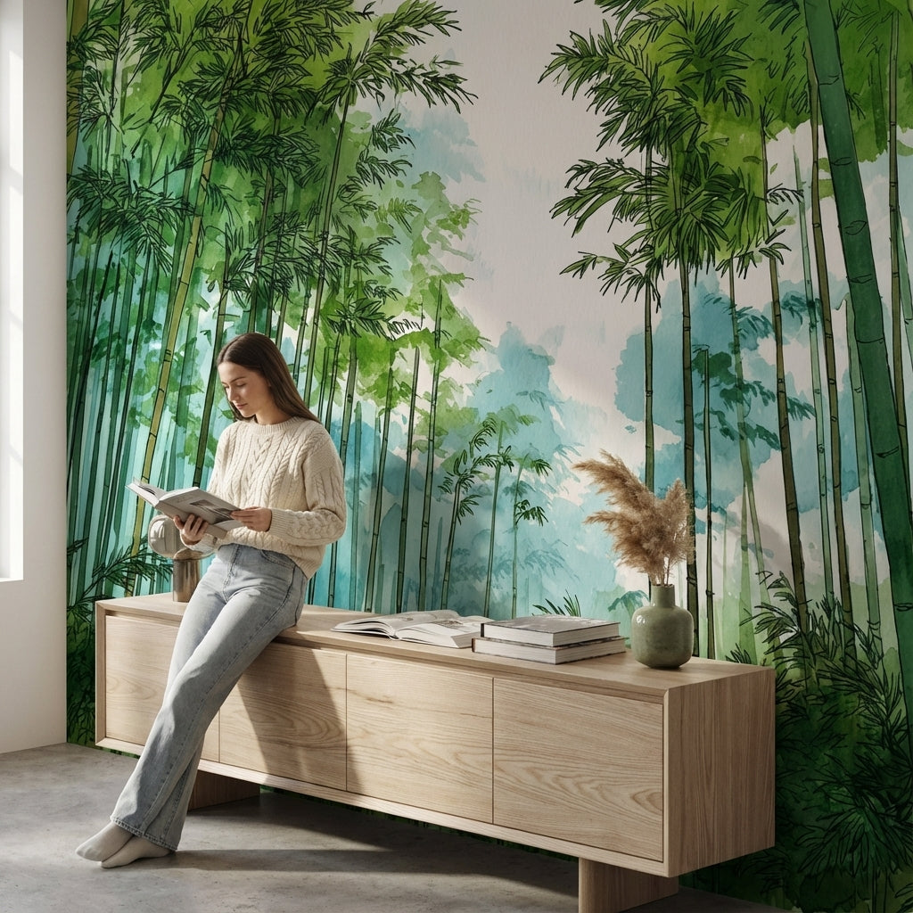 Bamboo Wallpaper Forest Green Removable Wall Decor