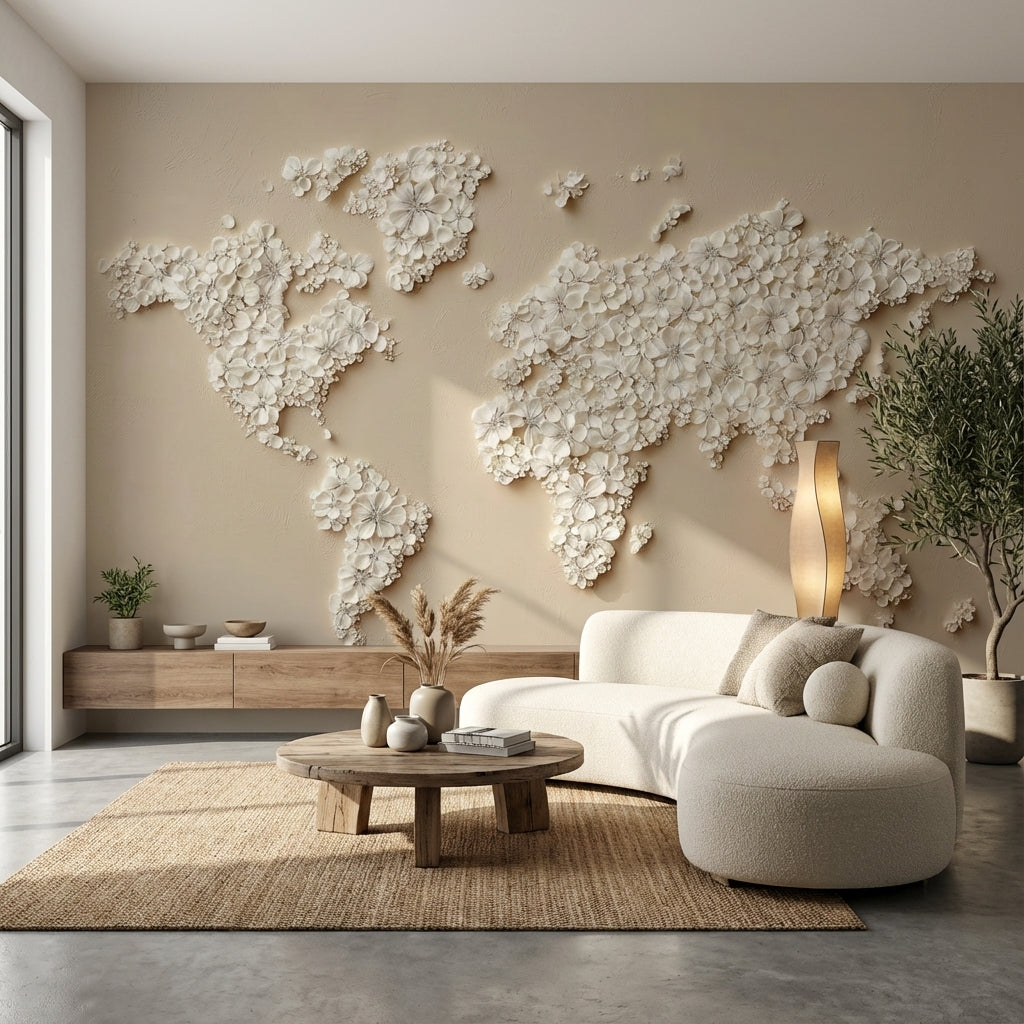 World Map Wallpaper Beige Modern Wall Decor