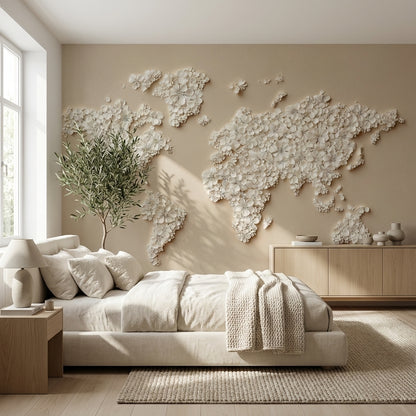 World Map Wallpaper Beige Modern Wall Decor