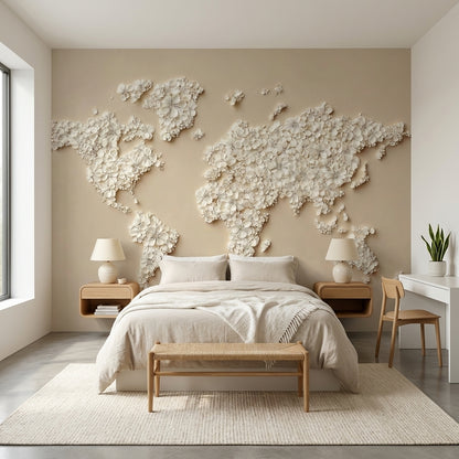 World Map Wallpaper Beige Modern Wall Decor