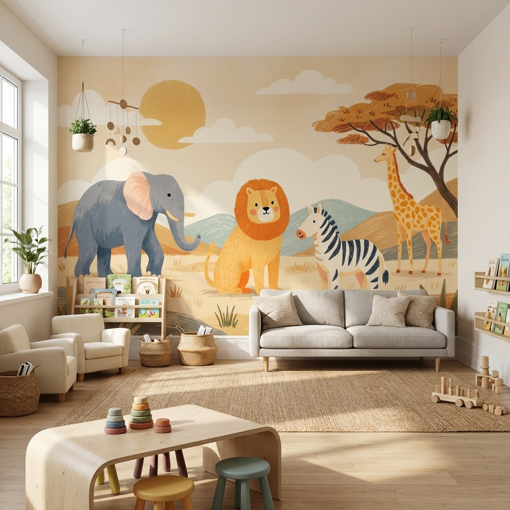 Safari Animals Wallpaper Cartoon Playful Wall Mural