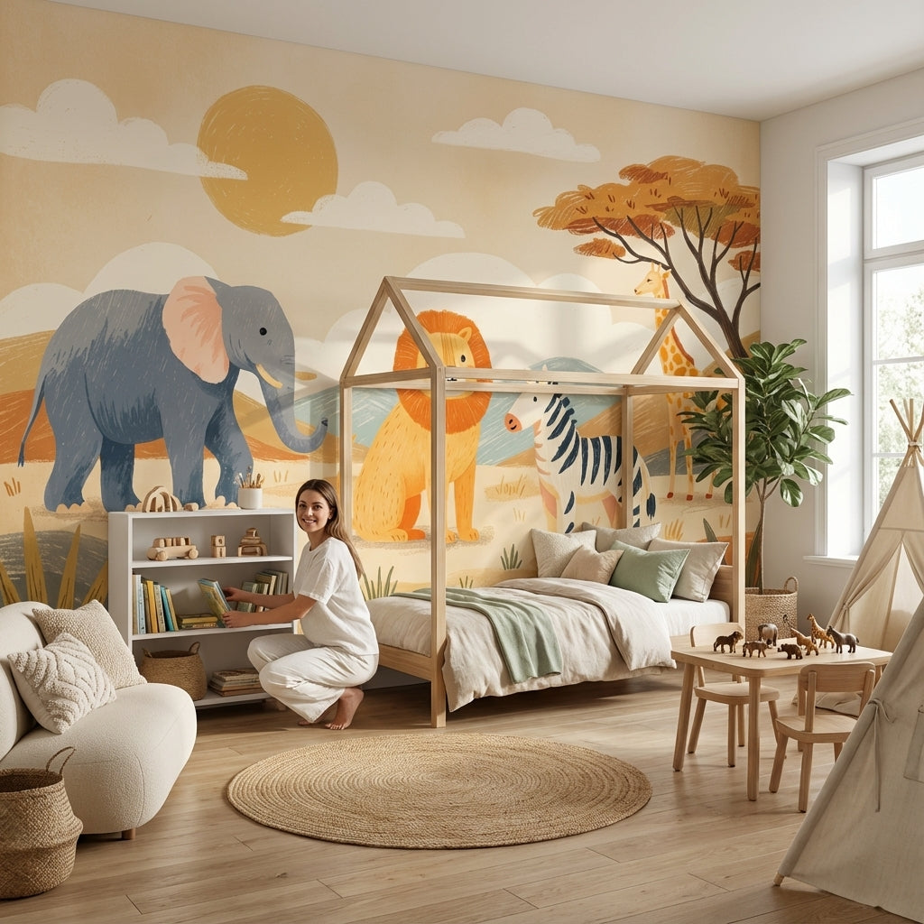 Safari Animals Wallpaper Cartoon Playful Wall Mural