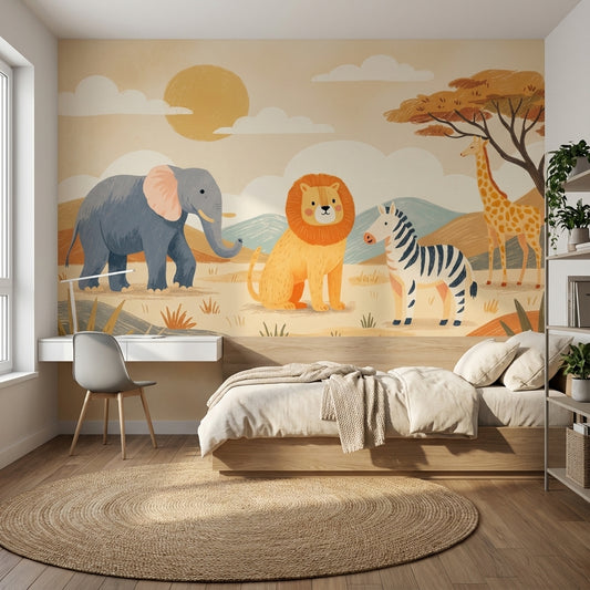 Safari Animals Wallpaper Cartoon Playful Wall Mural