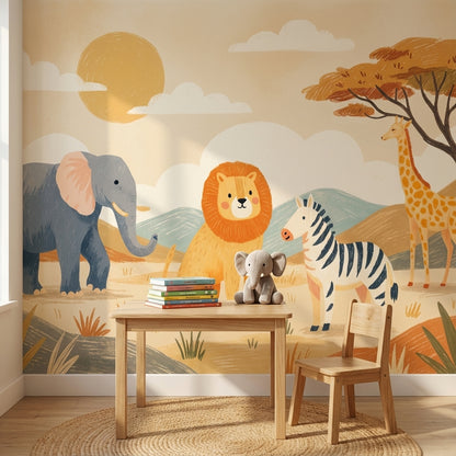 Safari Animals Wallpaper Cartoon Playful Wall Mural