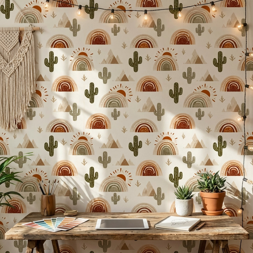 Desert Wallpaper Cactus Removable Rainbow Wall Mural